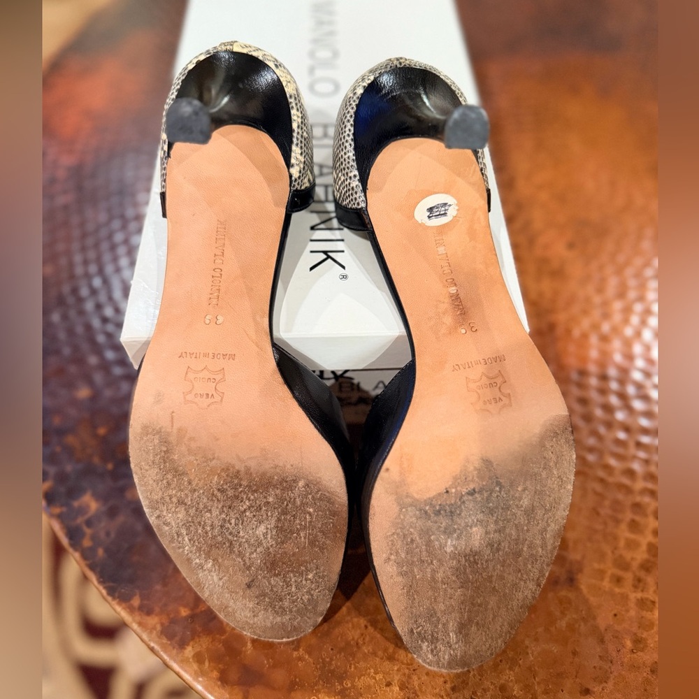 Manolo Blahnik Black and Beige Snake-Print Open-Toe Heels - Picture 6 of 6